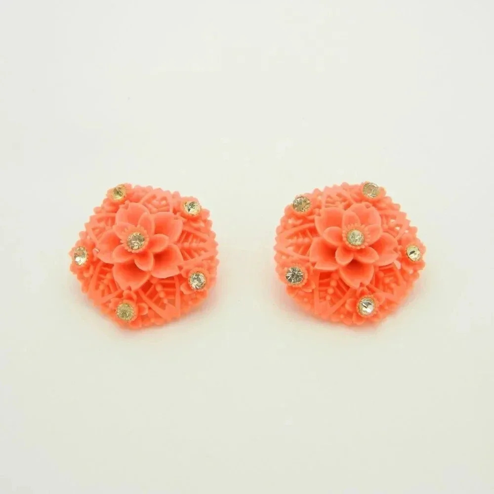 Clear Rhinestone Molded Pink Celluloid Floral